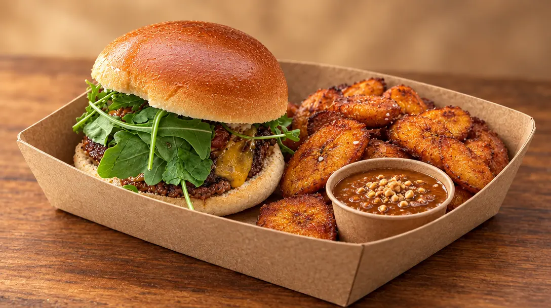 Formule afro burger, banane plantain et sauce mafé